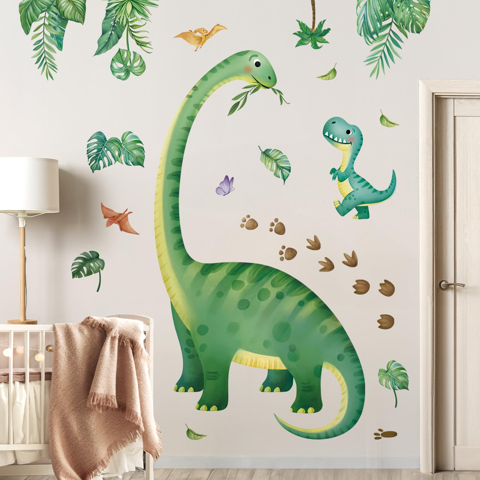 Photo 1 of decalmile Large Dinosaurs Wall Decals Tropical Green Leaves Baby Dino Wall Stickers Boys Bedroom Toddler Room Baby Nursery Wall Decor