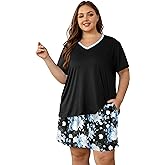 Vozanet Women's Short Sleeve Top and Shorts Pajama Sets Plus Size V Neck Colorful Flower Nighty Loungewear With TWO Pockets
