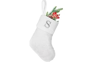 YOIRRAT 7 inches Initial Monogram Christmas Stocking White Personalized Christmas Stockings with Embroidered Letters Super Soft Initial Christmas Stocking for Xmas Holiday Christmas Tree Fireplace Decor(S)
