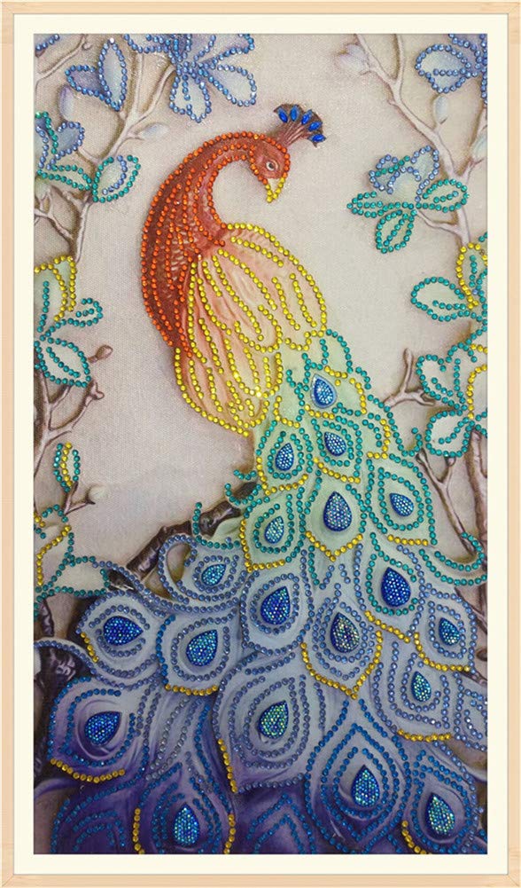 ABEUTY Diamond Painting DIY 5D Special Shape Rhinestones, Blue Pink Peacock and Flowers, Partial Drill Crystal Diamond Art Kits