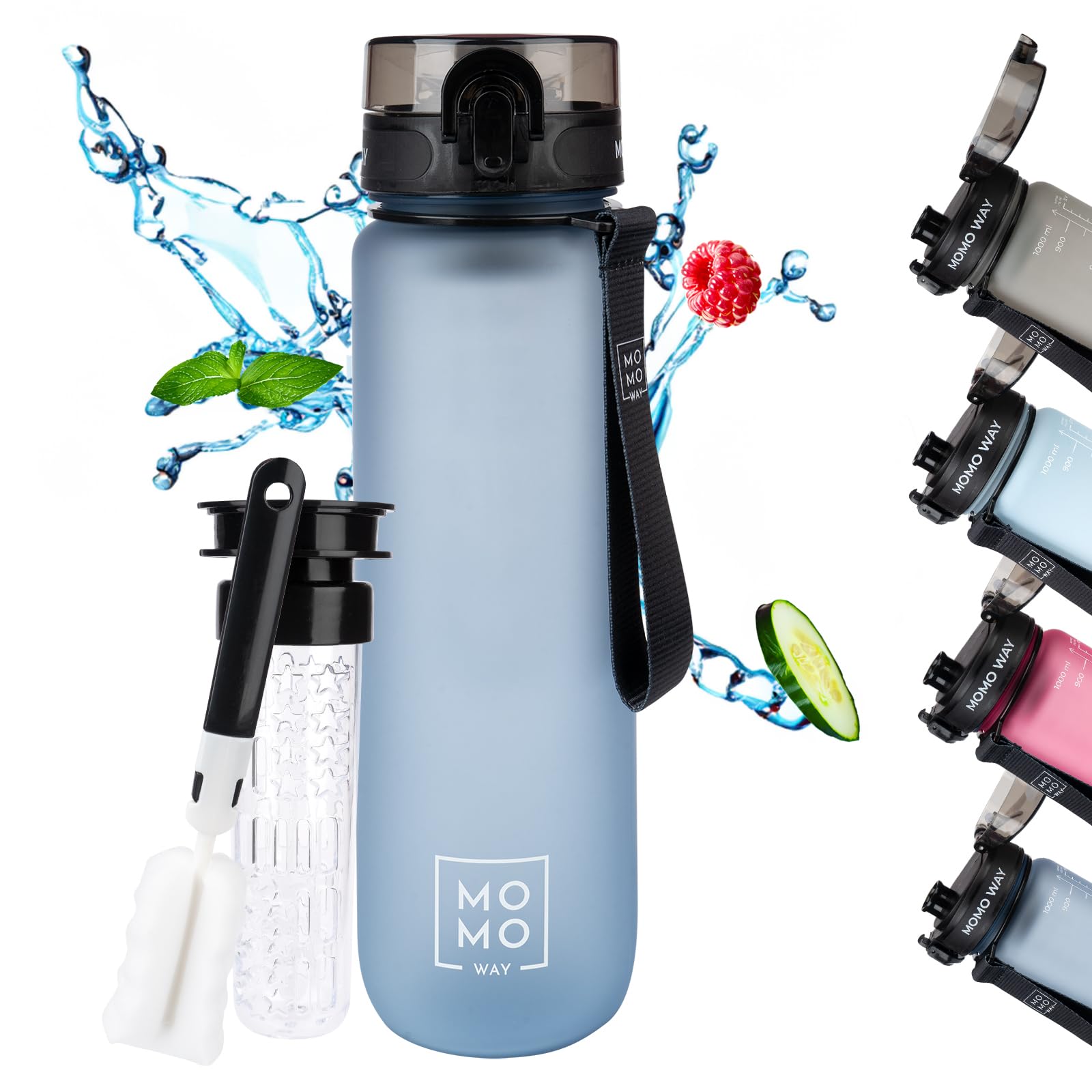 MOMO WAY Drinking Bottle Tritan Water Bottle BPA Free Reusable for School Sports Fitness Gym Easy Closure Gift for Men Women and Children Blue 1000ml