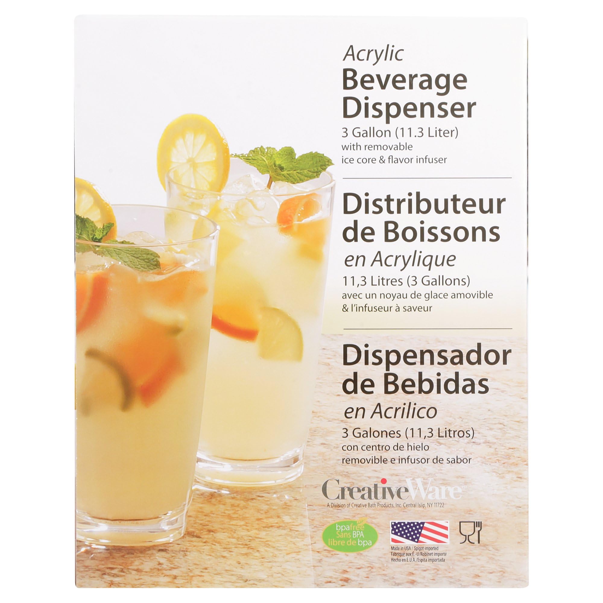 CreativeWare 3 Gallon Beverage Dispenser With Ice Cylinder And Fruit Infuser