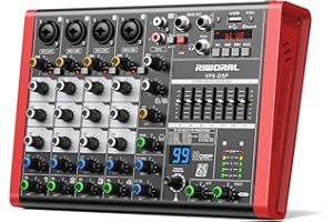 RIWORAL 6 Channel Audio Interface DJ Mixer With 99 DSP Effects XLR 1/4 inch Jack USB Bluetooth Echo Delay Effect, Input 48V Phantom Power Stereo DJ Mixers for Recording, Live Streaming, Podcasting
