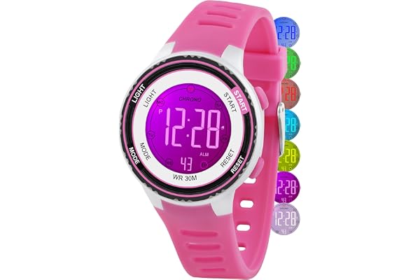 DTKID Digital Kids Watch 30 M Waterproof, 7 Color Lights Time Teaching Watch Easy to Read for Girls Boys 5-16