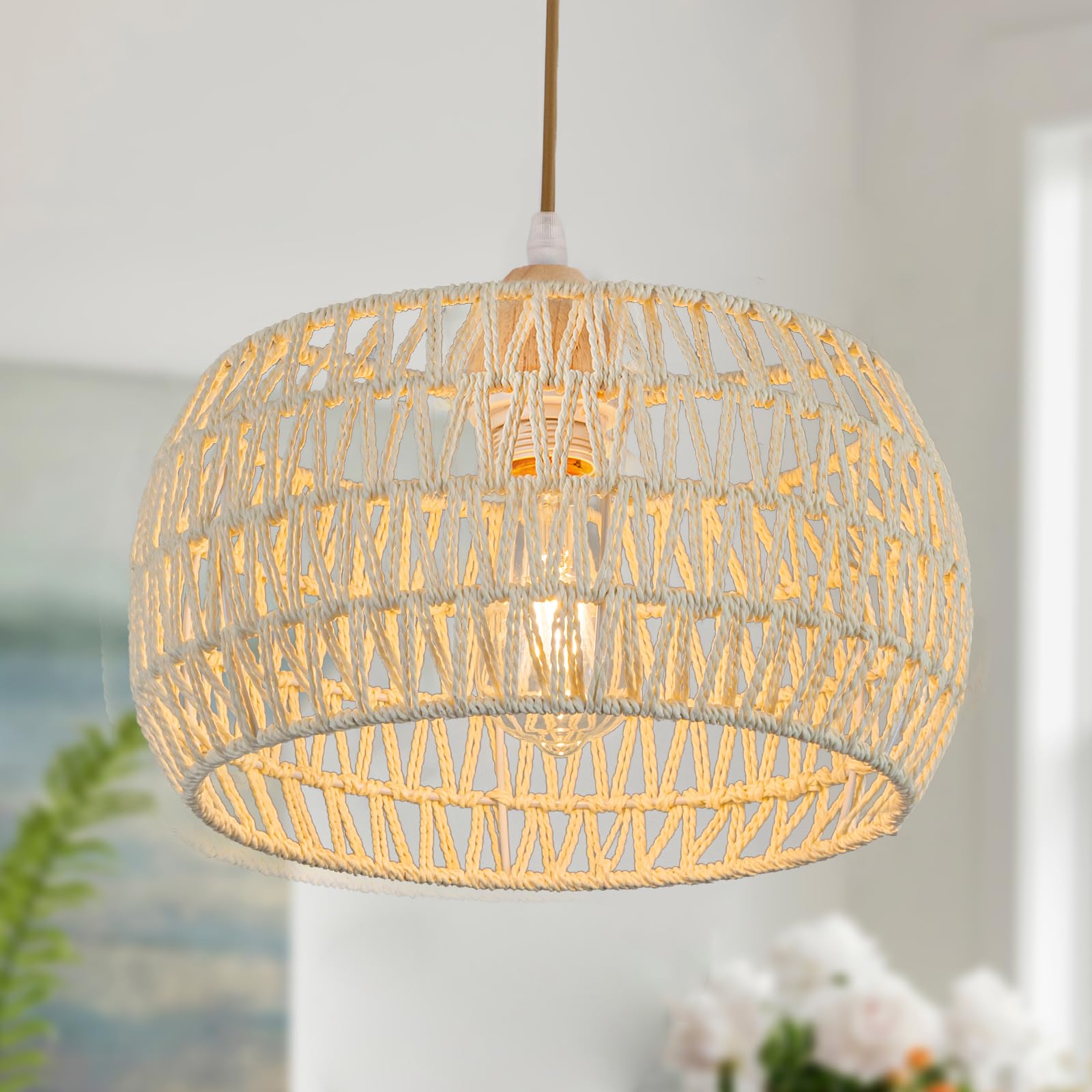 Photo 1 of OCWHT Rattan Pendant Light Fixture Drum Basket Chandelier Hanging Lights Cream White Boho Ceiling Lighting Flush Mount Ceiling Lights Woven Kitchen Chandeliers for Dinning Room Hallway Bedroom