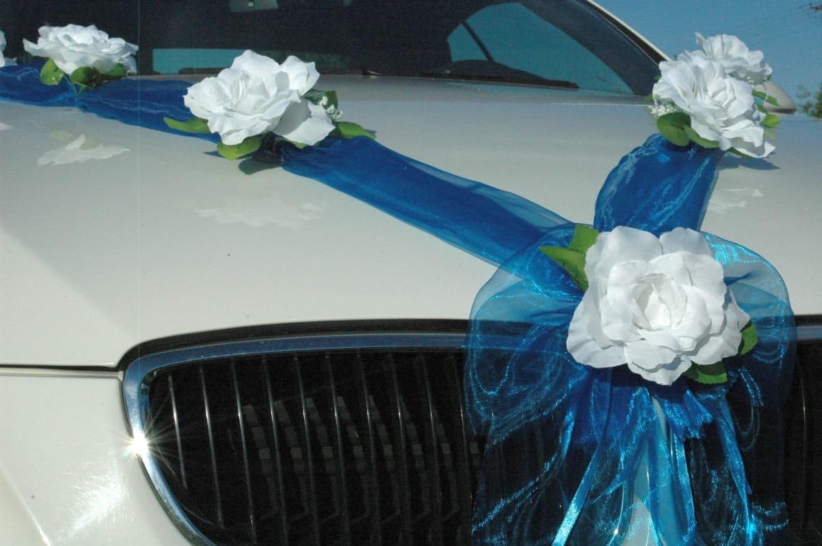 Autoschmuck Organza M Auto Schmuck Braut Paar Rose Deko Dekoration Hochzeit Car Auto Wedding Deko (Reinweiß/Blau) - Image 3