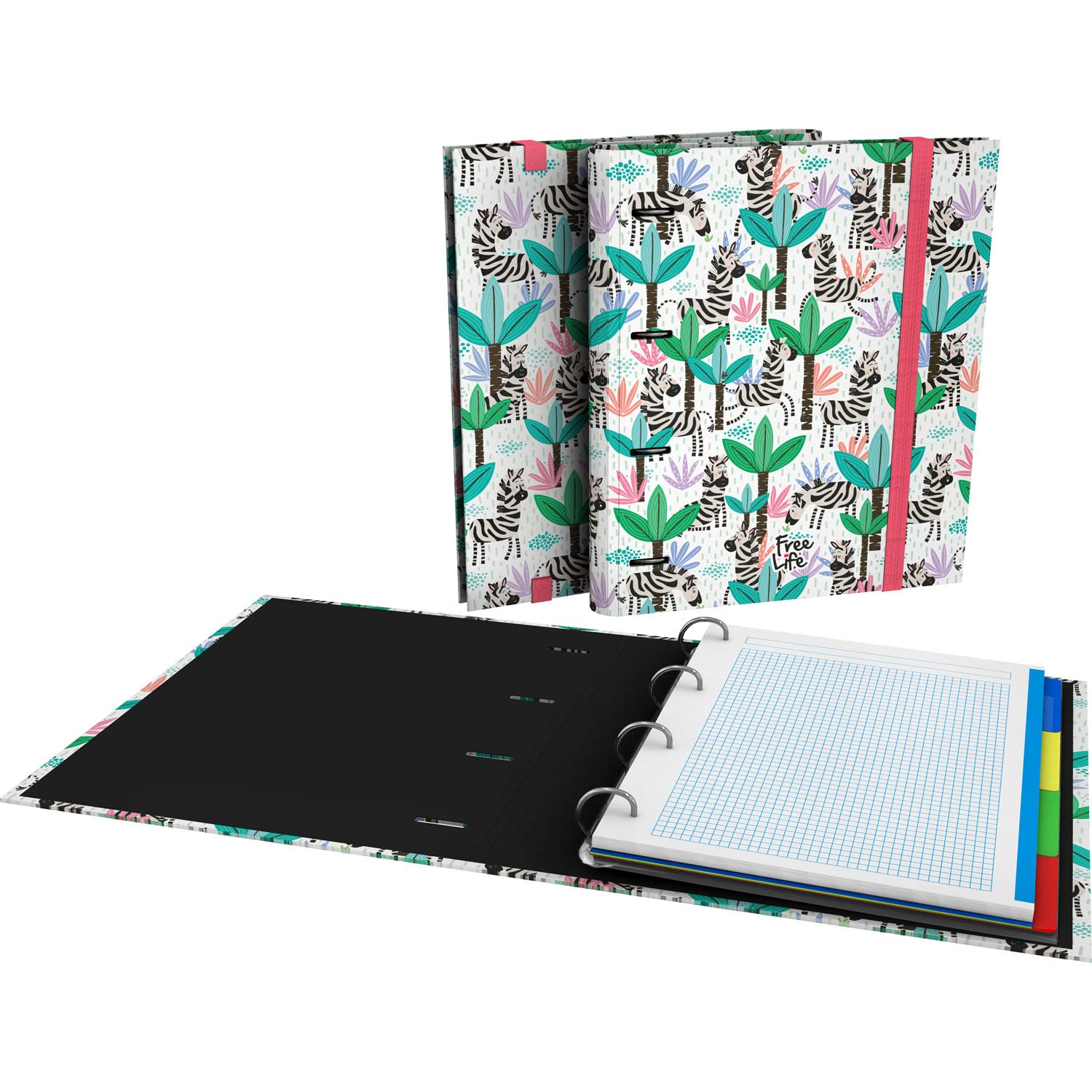Grafoplás 88102640. A4 Die Cut Ring Binder, Replacement 5x5 Grid, Dividers, Transparent Envelope, Curved Spine, Carpebook, Free Life Collection, Zebra