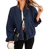 Tankaneo Womens Denim Bomber Jacket Lightweight Zip Up Short Jean Jacket Fall Casual Shacket Outerwear