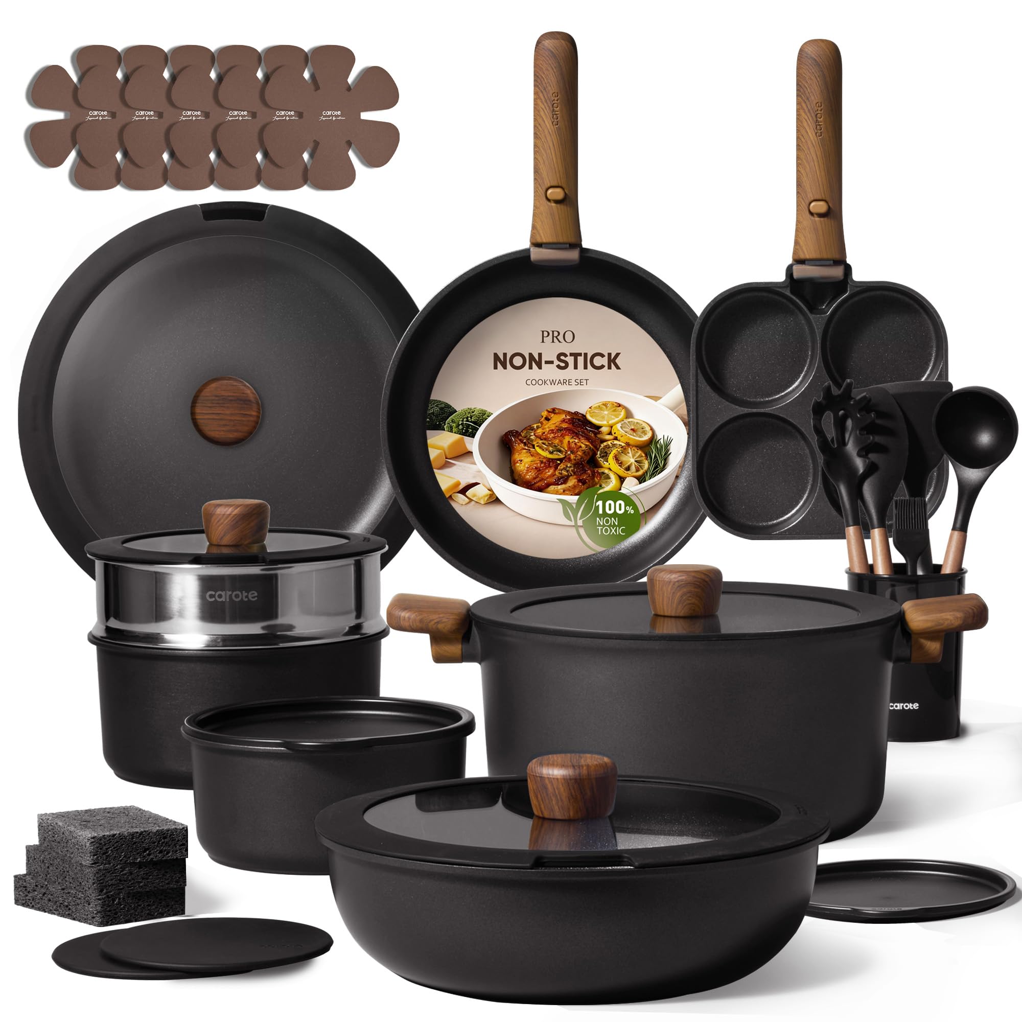 CAROTE 33pcs Pots and Pans Non Stick, Cookware Sets Detachable Handle, Induction Kitchen Pots and Pans,NonStick Cooking Set, Oven/Dishwasher/Fridge Safe, Space Saving Image