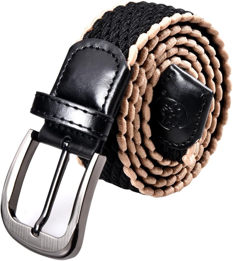 Unisex Men Women Casual Elastic Fabric Stretch Belt Webbing Woven with Leather Buckle 130cm-YD005-Black