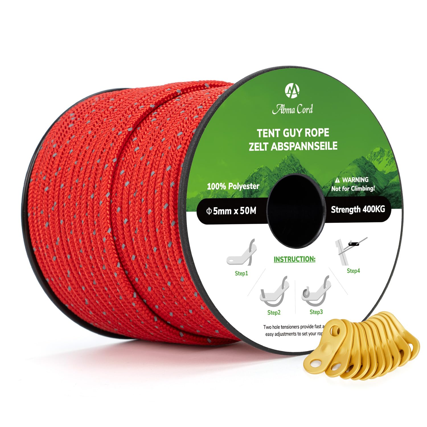 Abma Cord Tent Guy Ropes 5mm 50M Guy Line 10 Pcs Guy Rope Tensioners Heavy Duty Guide Rope for Camping, Gazebos, Awning, Tarp - Reflective Red