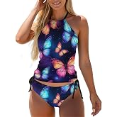 Womens Two Piece Tankini Set Tummy Control Swimsuits High Neck Halter Bathing Suit Tops with Bikini Bottom