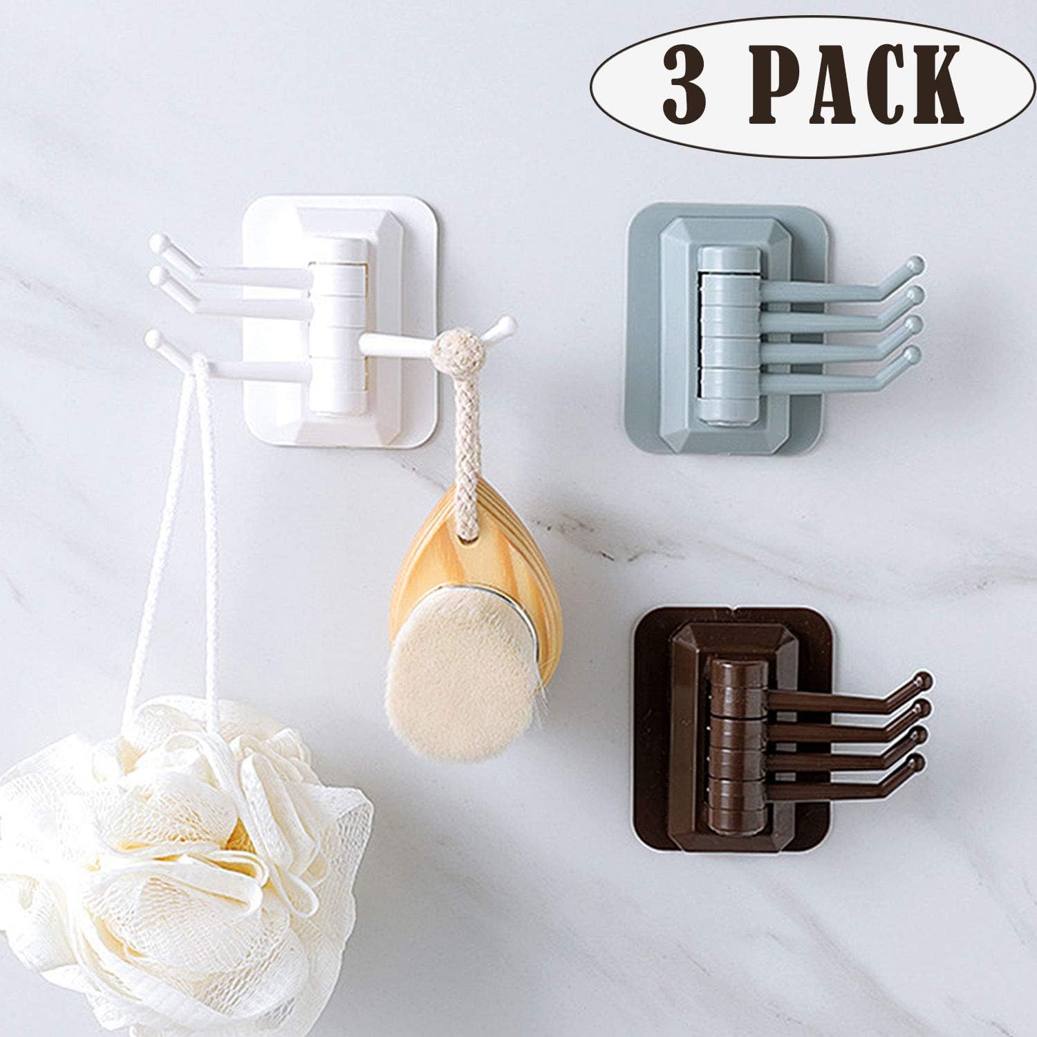 Adhesive Hooks Coat Hooks Heavy Duty Wall Hangers [4 Hooks] Waterproof Stainless Steel Stcik on Hooks for Hanging Kitchen Bathroom Home-3Packs