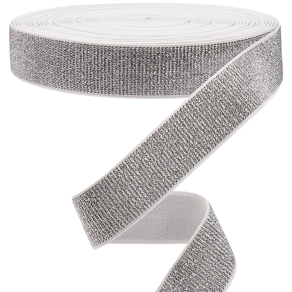 GORGECRAFT 11M Silver Glitter Elastic Bands 2.5cm Wide Metallic Stretch Sewing Band Woven Knit Ribbon Spool Headband for Crafting Waistband Pants Waist Webbing Garment Clothes Accessory