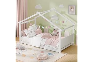 Redpick Twin House Bed, Montessori Floor Bed with Headboard & Footboard, Solid Wood Bed Frame for Toddlers Teens Bedroom, No Box Spring Needed, White