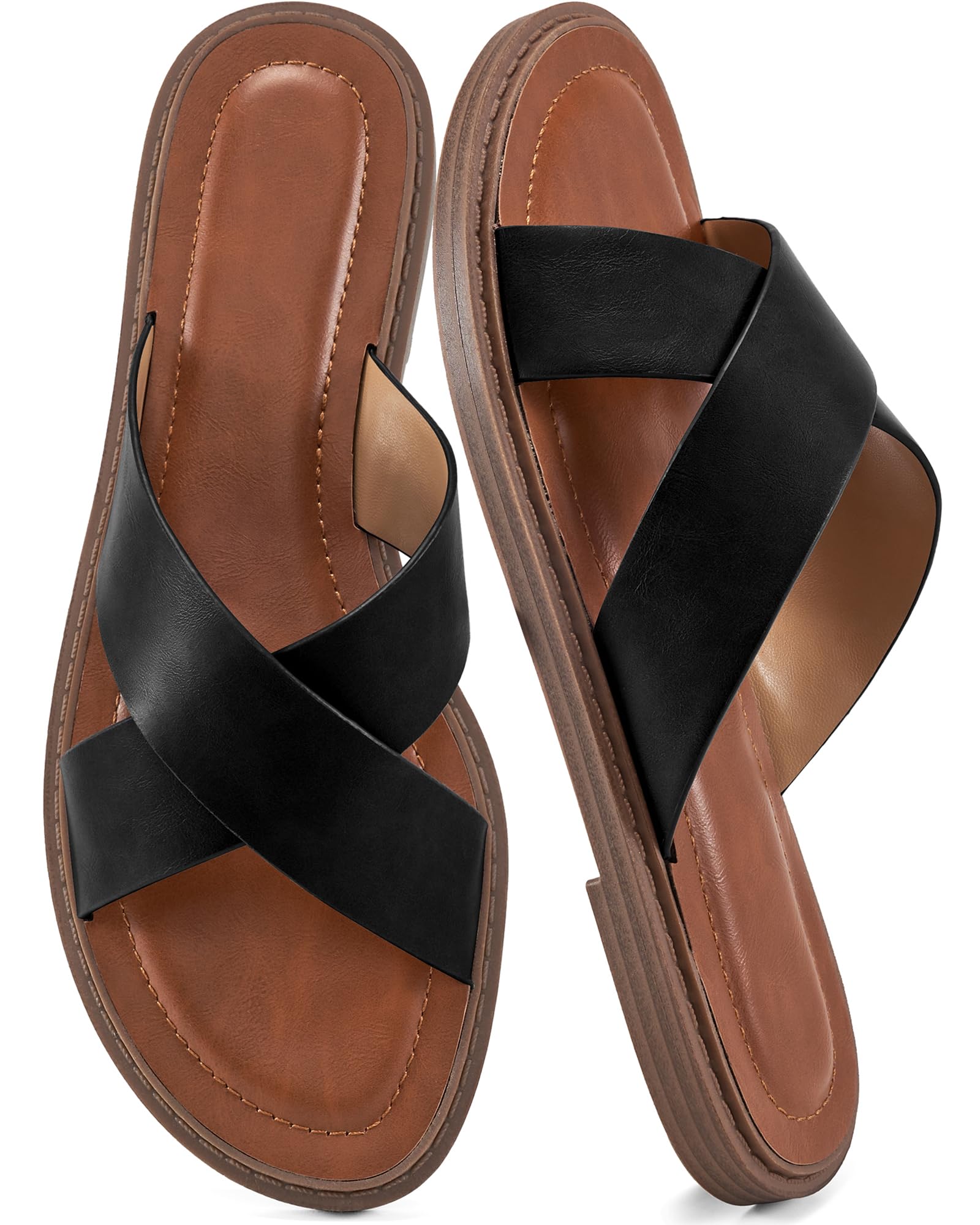 Photo 1 of HARENCE Womens Flat Slides Sandals: Dressy Summer Slip On Flats Shoes Comfortable Open Toe Walking Beach Slide Sandal