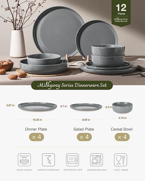 FAMIWARE MILKYWAY PLATES AND BOWLS SET, 12 PIECES DINNERWARE SETS, DISHES SET FOR 4, DARK GRAY