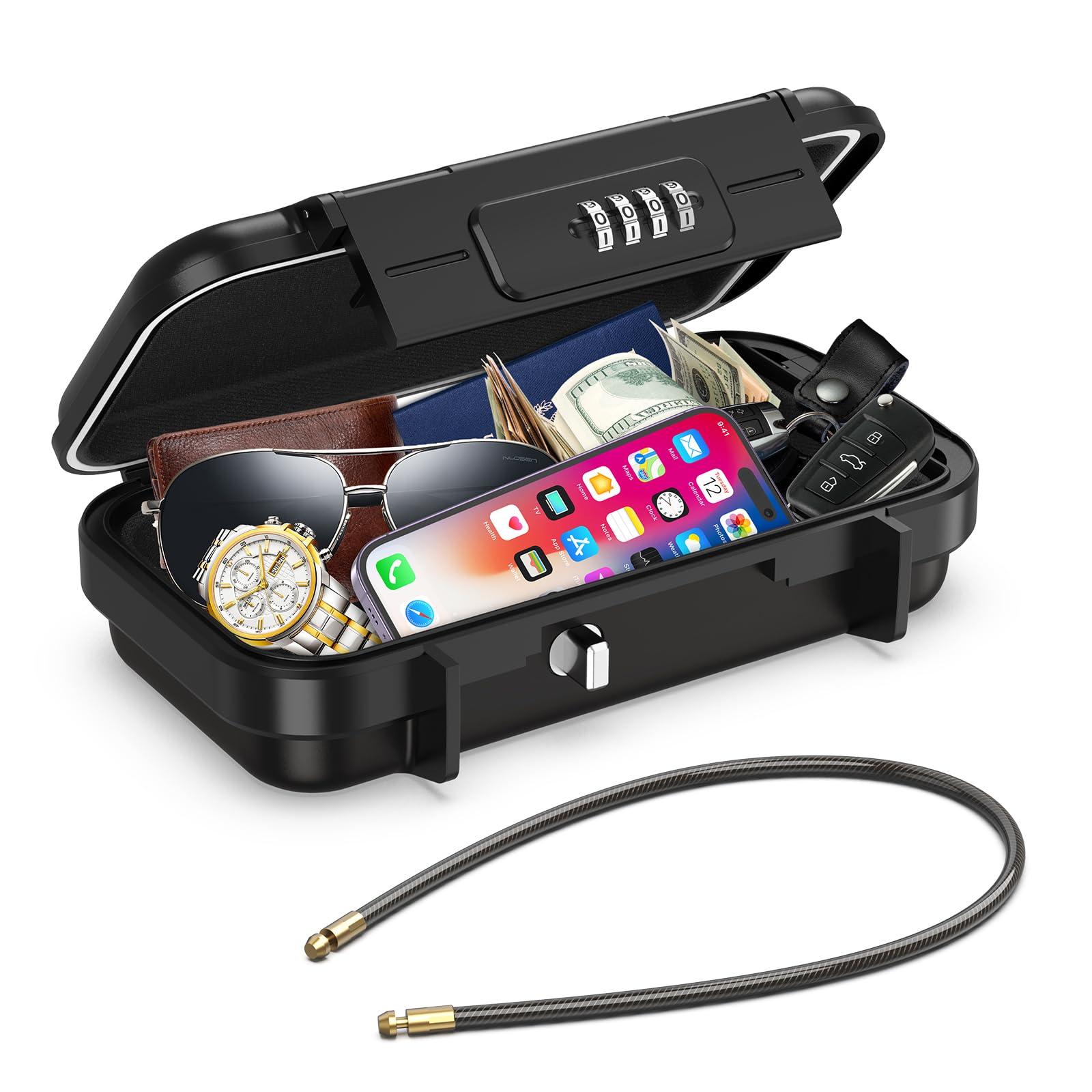Brifit Portable Safe Box with Code, Key Lock Box Waterproof Combination Security Case, Anti-Theft Mini Travel Safe with Removable Wire Rope Security Safe Box for Beach, Dormitory, Cars, Travel