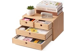 Kirigen Natural Wood Desktop Organizers with Drawers - Home Workspace Office Supplies Wooden Storage Box Shelf Case - Hold Makeup Box (NA, 3-Layer &4 Drawers)