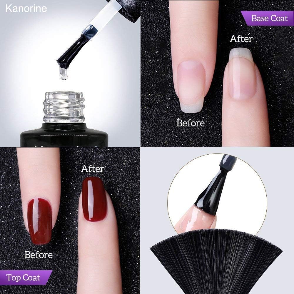 Kanorine No-Wipe Top and Base Coat Gel Nail Polish Set Soak-Off UV/LED Gel Nail Lacquer Long-Lasting Gloss and Shiny Finish- 2 x 10ml : Beauty