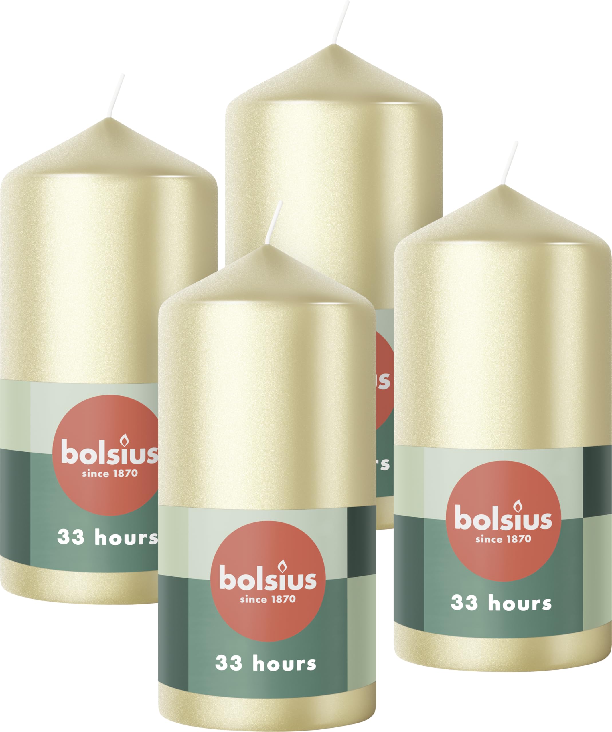 Bolsius Pillar Candles – Metallic Silver – 4-Pack – 12 x 6 cm – Long Burning Time of 33 Hours - Unscented – Includes Natural Vegan Wax – Without Palm Oil
