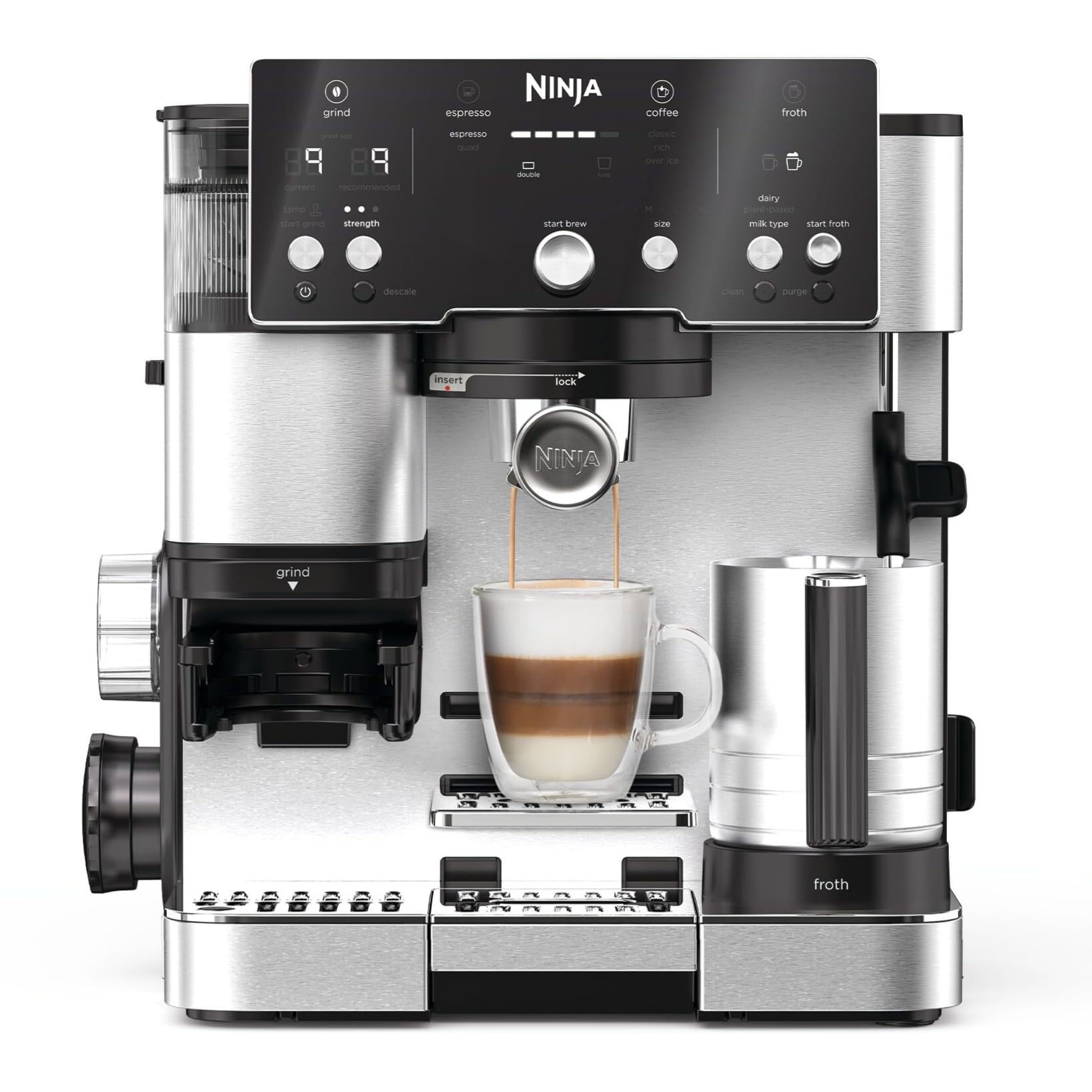 Ninja Luxe Essential 2-in-1-Kaffeemaschine mit Mahlwerk und Aufschäumer für Latte, Cappuccino & Espresso, einfache Handhabung, 2 Voreinstellungen zum Aufschäumen, Silber, ES501EU