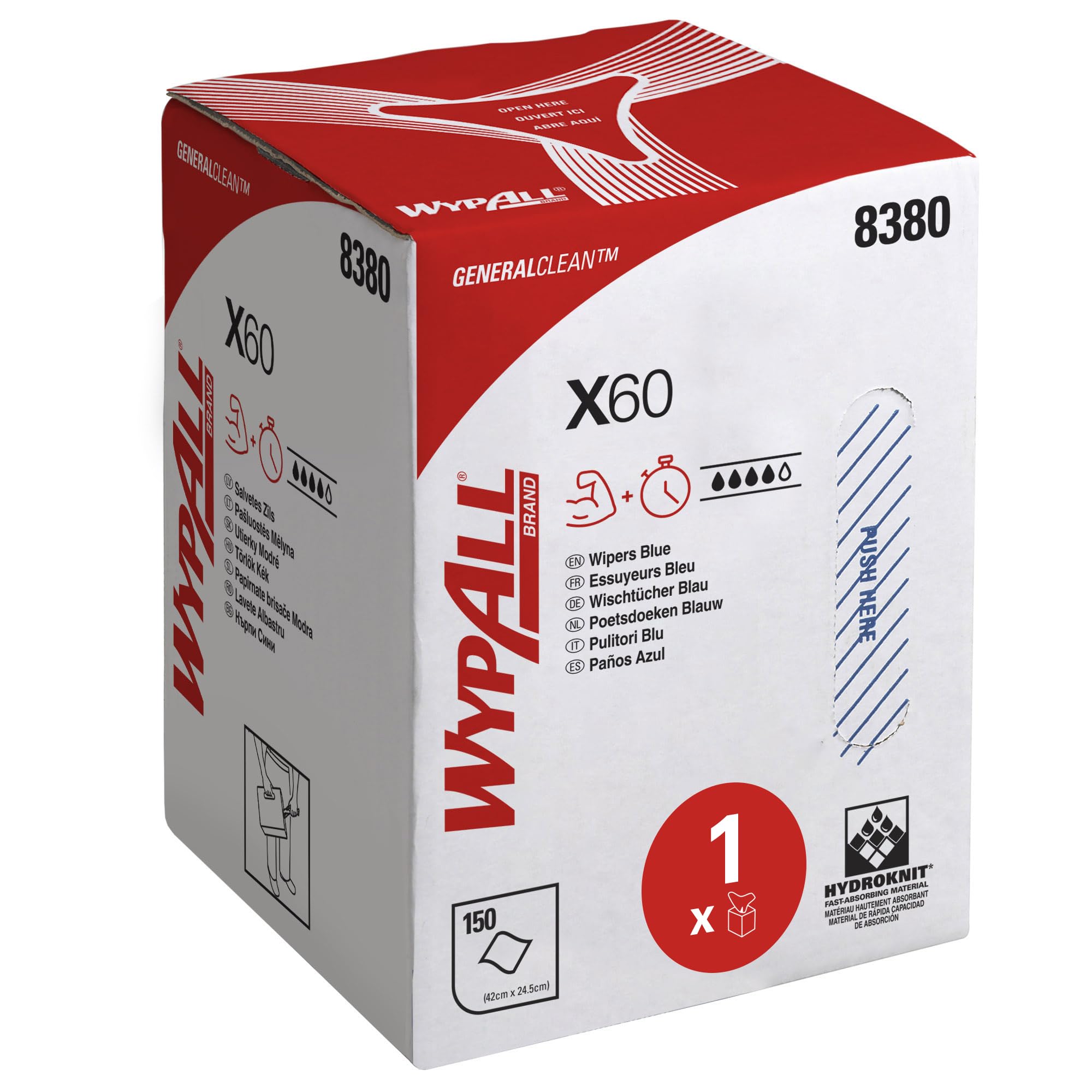 WypAll X60 General Clean Cloths 8380 - Blue Centrefeed Roll Cleaning Cloths - 1 Centrefeed Roll x 150 Blue Industrial Wipers