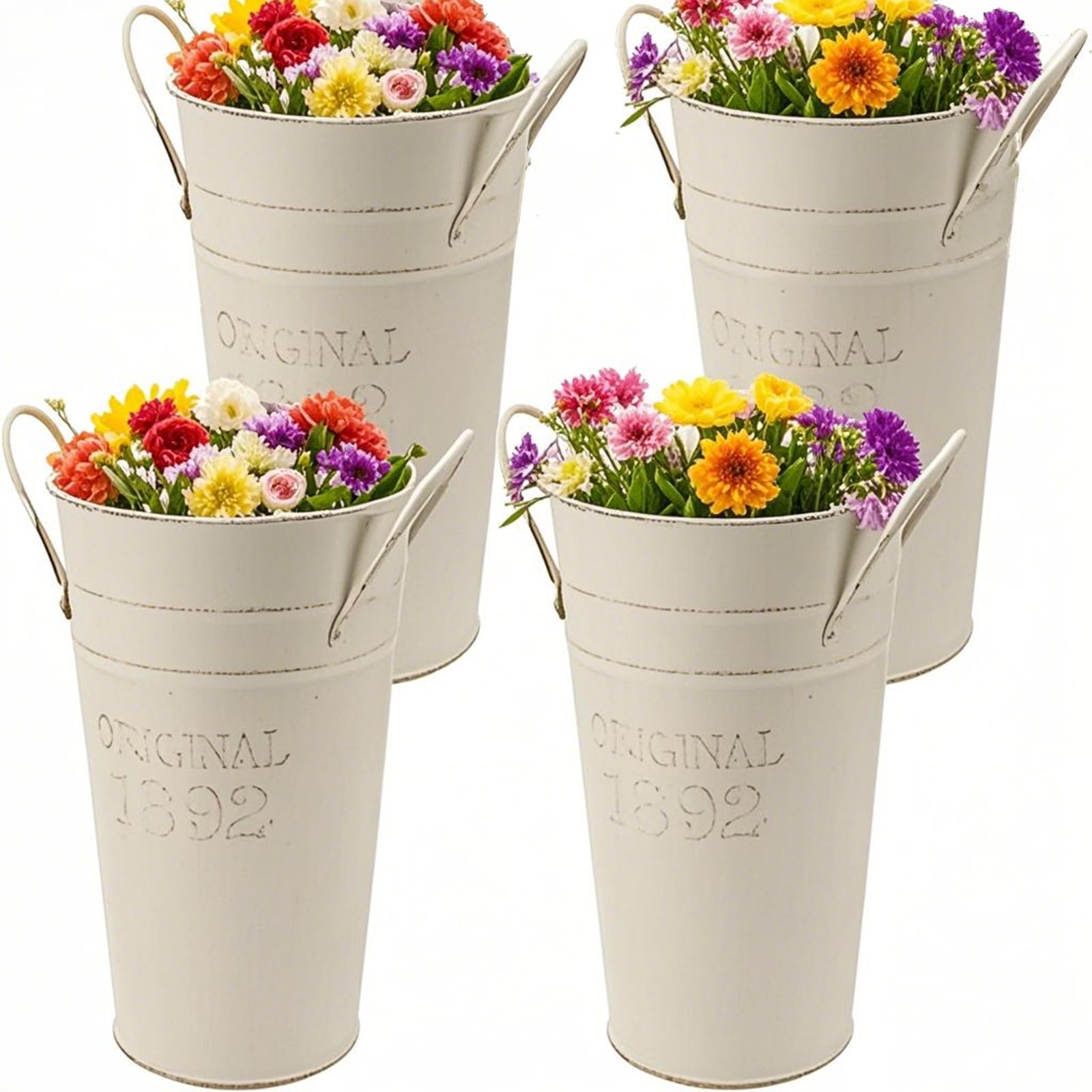 Photo 1 of MANCHAP 4 Pack 8 Inch Vintage Flower Buckets, Small Rustic Galvanized Metal Vase with Handles for Home Decor, Wedding Party