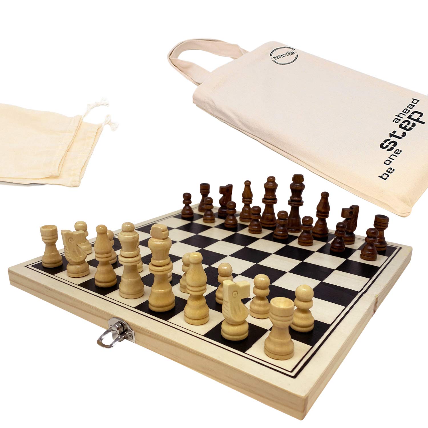 Big Game Hunters Portable Wooden Chess Set – Pine Folding Board 30 × 30 cm (12 × 12 in) Travel Chess Set – Superior Chess Pieces with Protective Base Pads – Board Game for Adults & Kids