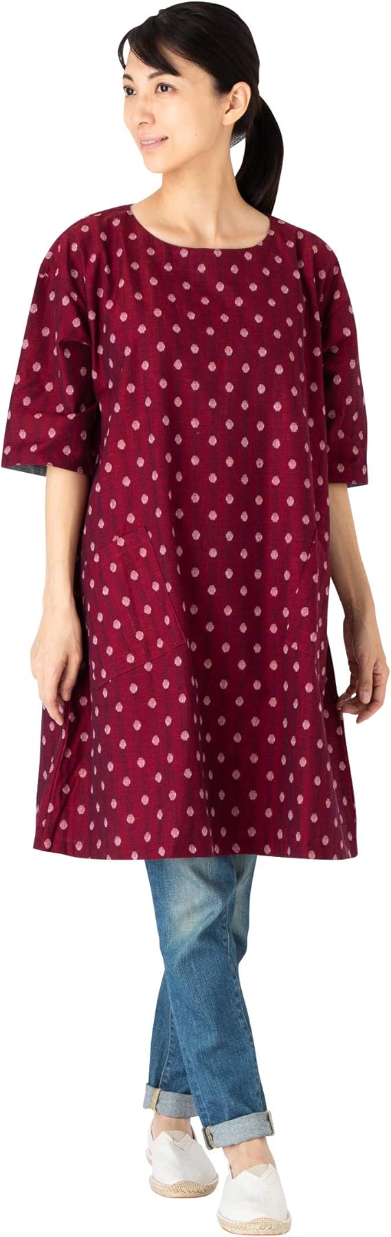 Amazon Co Jp 久留米織5分袖チュニック ワンピース フリーサイズ M L エンジ水玉白 大 服 ファッション小物