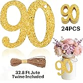 ALISSAR 24PCS Gold 90 Number Tags with 32.8 Ft Jute Twine – 90th Birthday Decorations, 90th Anniversary Party Supplies, Mason Jar Centerpieces, Gift Wrapping & Table Decor Kit