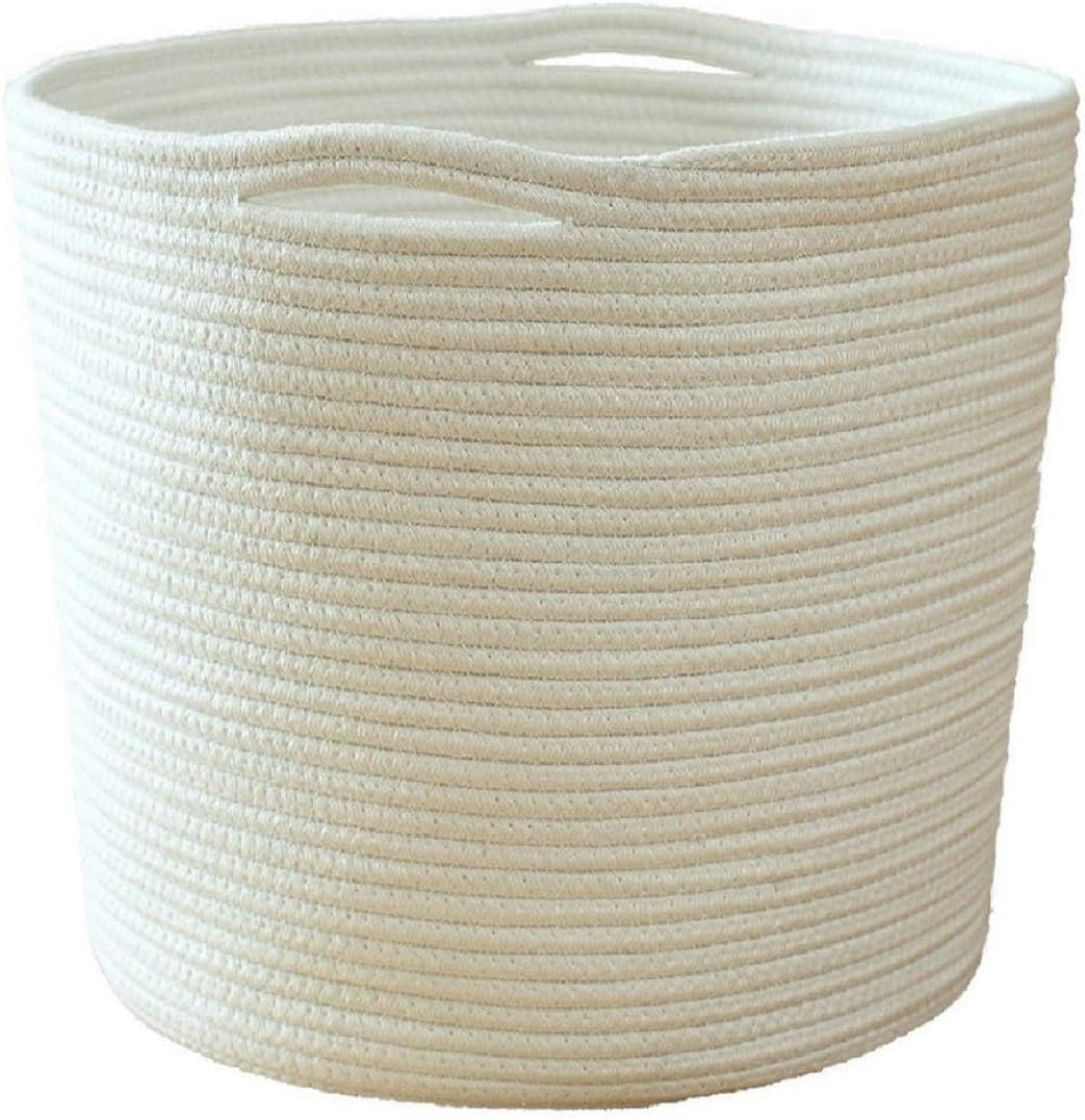 Woven Rope Basket Hamper with Handles Large Round White Cotton for Blankets, Organize Home, Nursery Storage, Baby Toy Bin, Laundry 15.7" X 15" X 15"