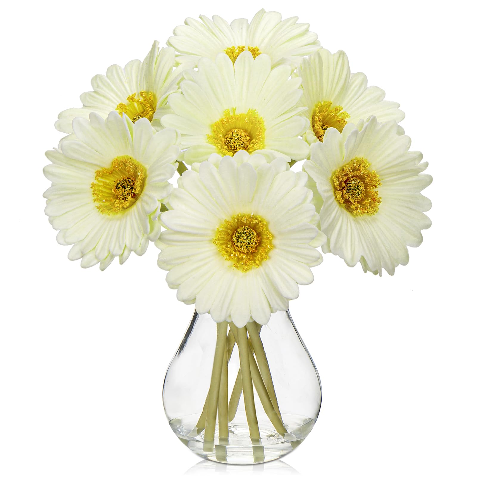 7 pcs Artificial African Daisies with Glass Vase, Small Fake Flowers in Vase with Faux Water, White Artificial Gerbera for Home Office Bathroom Living Room Party Wedding Centerpiece Decorations