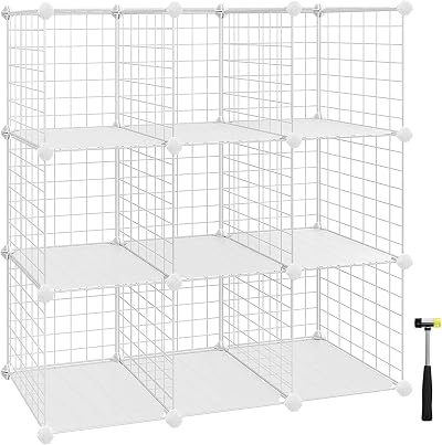 SONGMICS 9 Cube Wire Grid Storage Rack White Metal Mesh Shelving Unit LPI115W