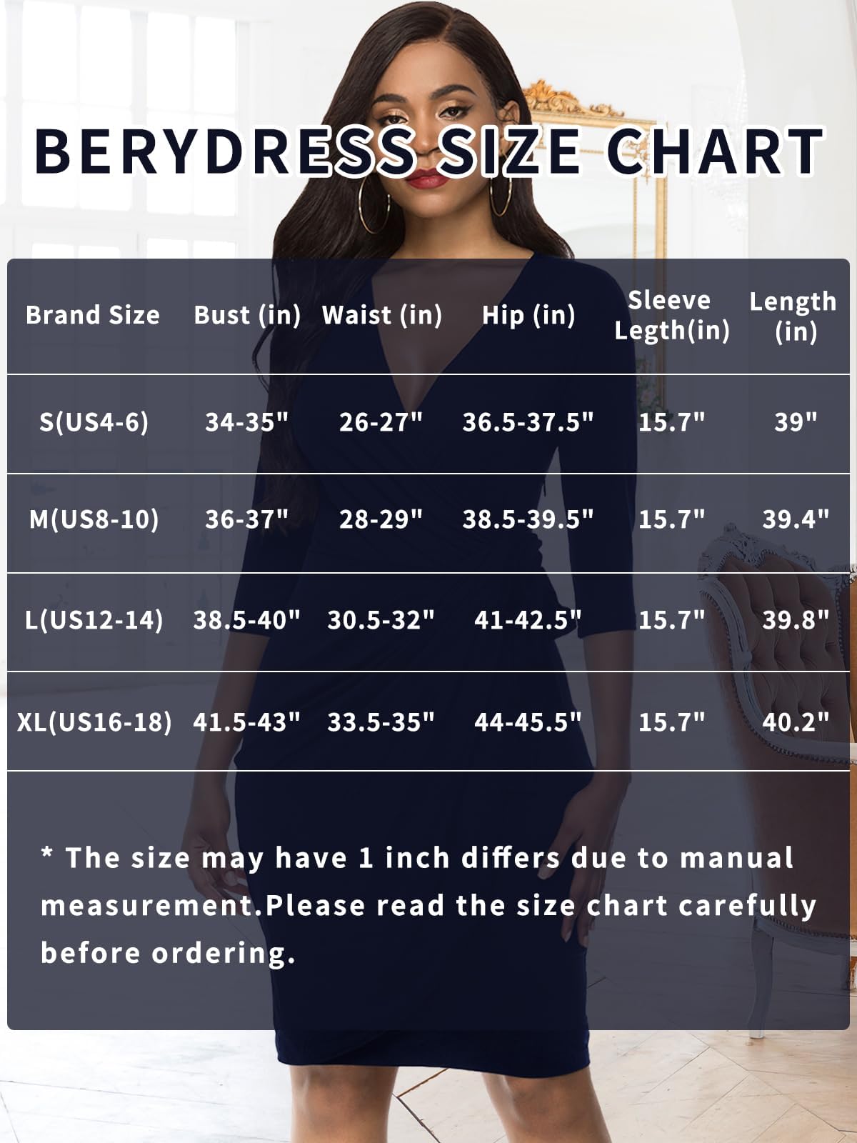 Berydress Women's Classic 3/4 Sleeve V Neck Sheath Casual Party Work Faux Black Wrap Dress