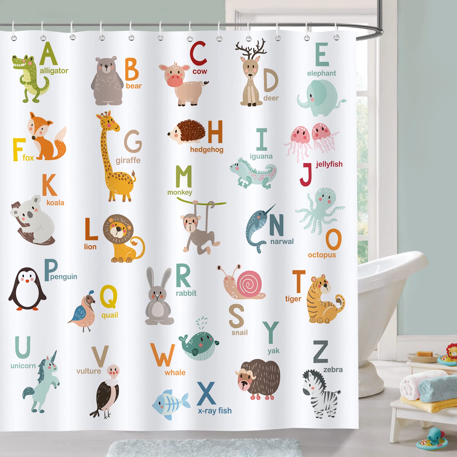 Bonhause ABC Learning Alphabet Shower Curtain Animals Kids Educational Bathroom Curtain 180 x 180 cm Waterproof Mildew & Mould Resistant Polyester Fabric Bath Curtain with 12 Hooks