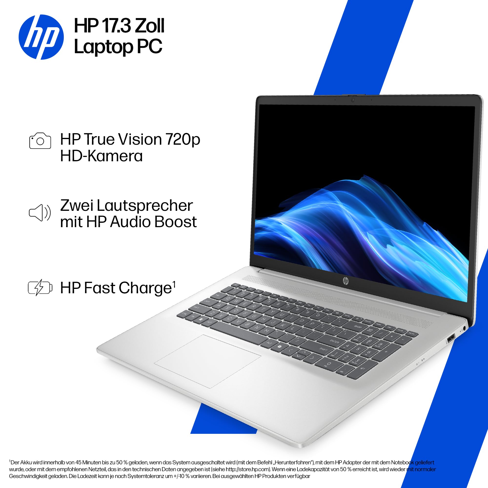 HP Laptop mit 17,3" FHD Display, Intel Core i7-1355U, 16 GB DDR4 RAM, 1 TB SSD, Intel Iris Grafik, Windows 11, QWERTZ, Silber inkl. 25 GB Dropbox-Speicher für 12 Monate 2