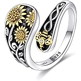 HOPEEZZ Antiqued Sunflower Rings for Women Sterling Silver You Are My Sunshine Flower Moonstone Ring Jewelry Gift (9, bee)