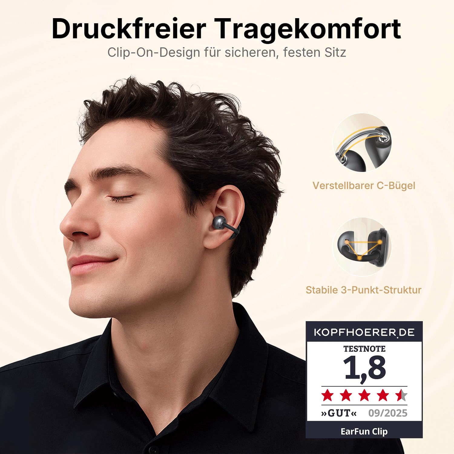 EarFun Clip Open Ear Kopfhörer Bluetooth, komfortabler Sitz, 10.8 mm Carbon-Treiber, Hi-Res Audio, LDAC, BassSurge, 40 Std. Akku, klare Anrufe, Clip-On Earbuds mit Bluetooth 6, Multipoint, IP55, APP 2