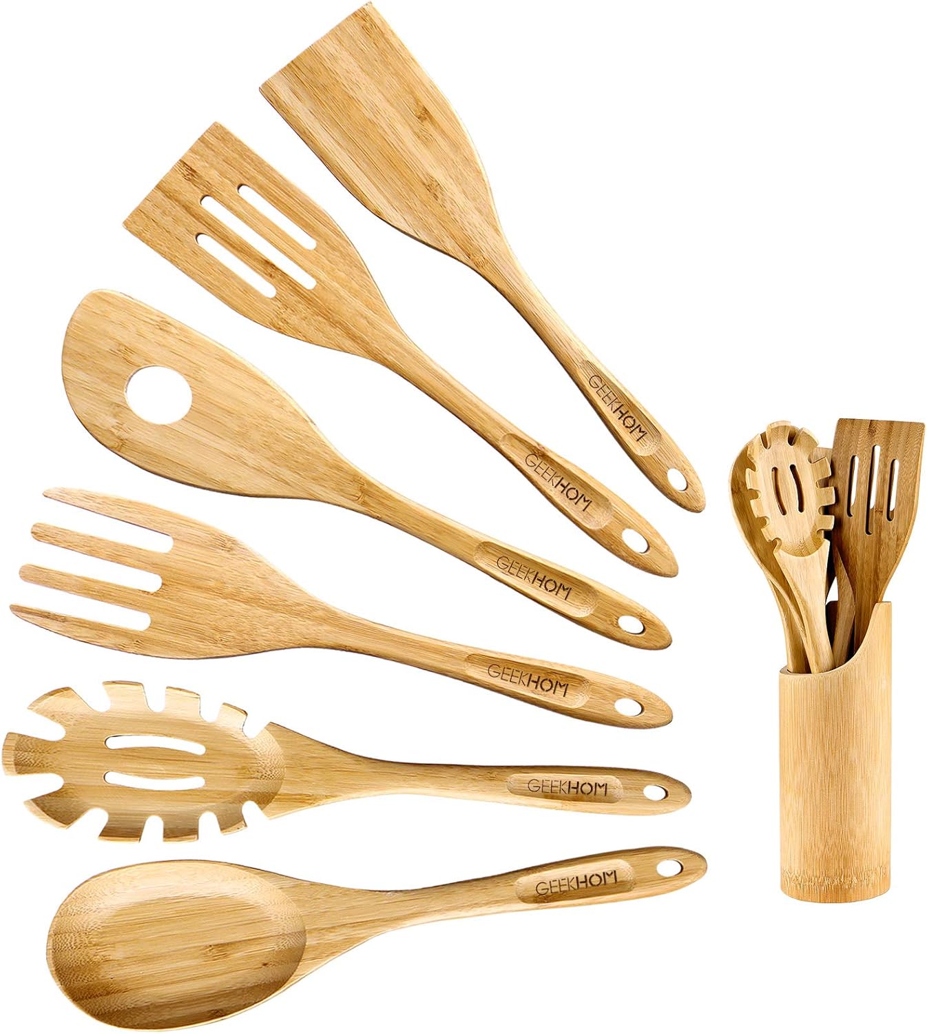 GEEKHOM Bamboo Cooking Utensils with Holder, 7 Pieces Extra Large Wooden Kitchen Utensils Set, Heat Resistant Wood Spoons Turners Spatulas for Nonstick Cookware, Kitchen Flippers for Pancake Egg Fish: Kitchen & Dining