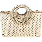 QTKJ Women Summer Retro Straw Bag with Zip Hand-woven Beach Handbag Top Round Handle Boho Tote Bag Shopping and Travel Large Bag (Beige 2)