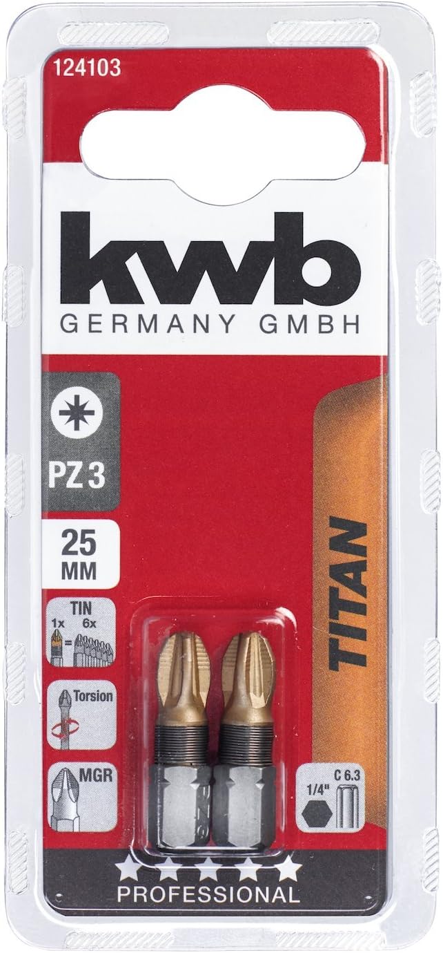 kwb 2 x 25mm PZ3 Titanium Bits with Torsion Zone for Extended Lifespan and Compatibility with C6.3 Drives - Image 3