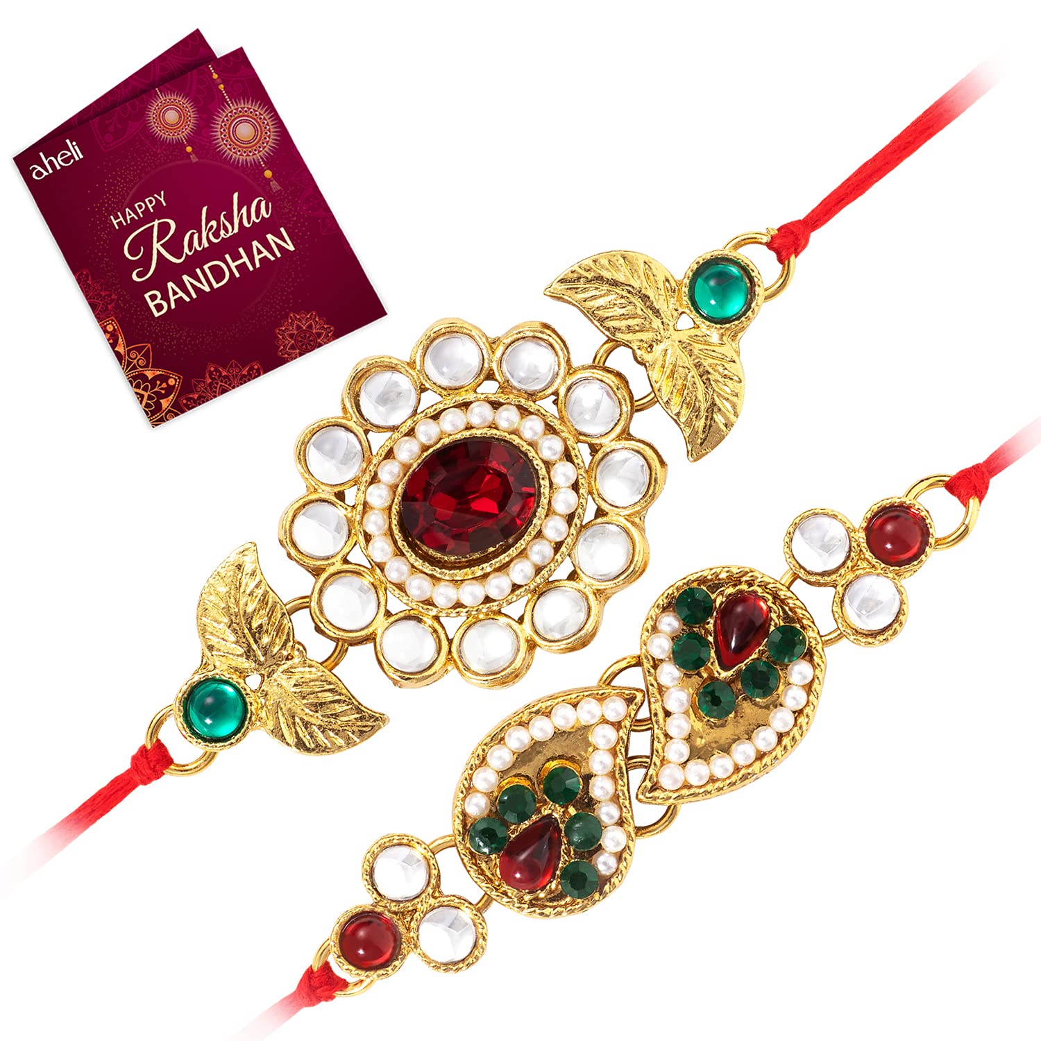 Aheli Indian Traditional Handmade Elegant Kundan Stone Rakhi for Brother Men Boys Combo Set of 2 (R26C03)