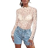 Women's Sheer Floral Long Sleeve Layering Top Ruffled Mock Neck Sheer Blouse for Casual Brunch Party Club Night Date Outfits