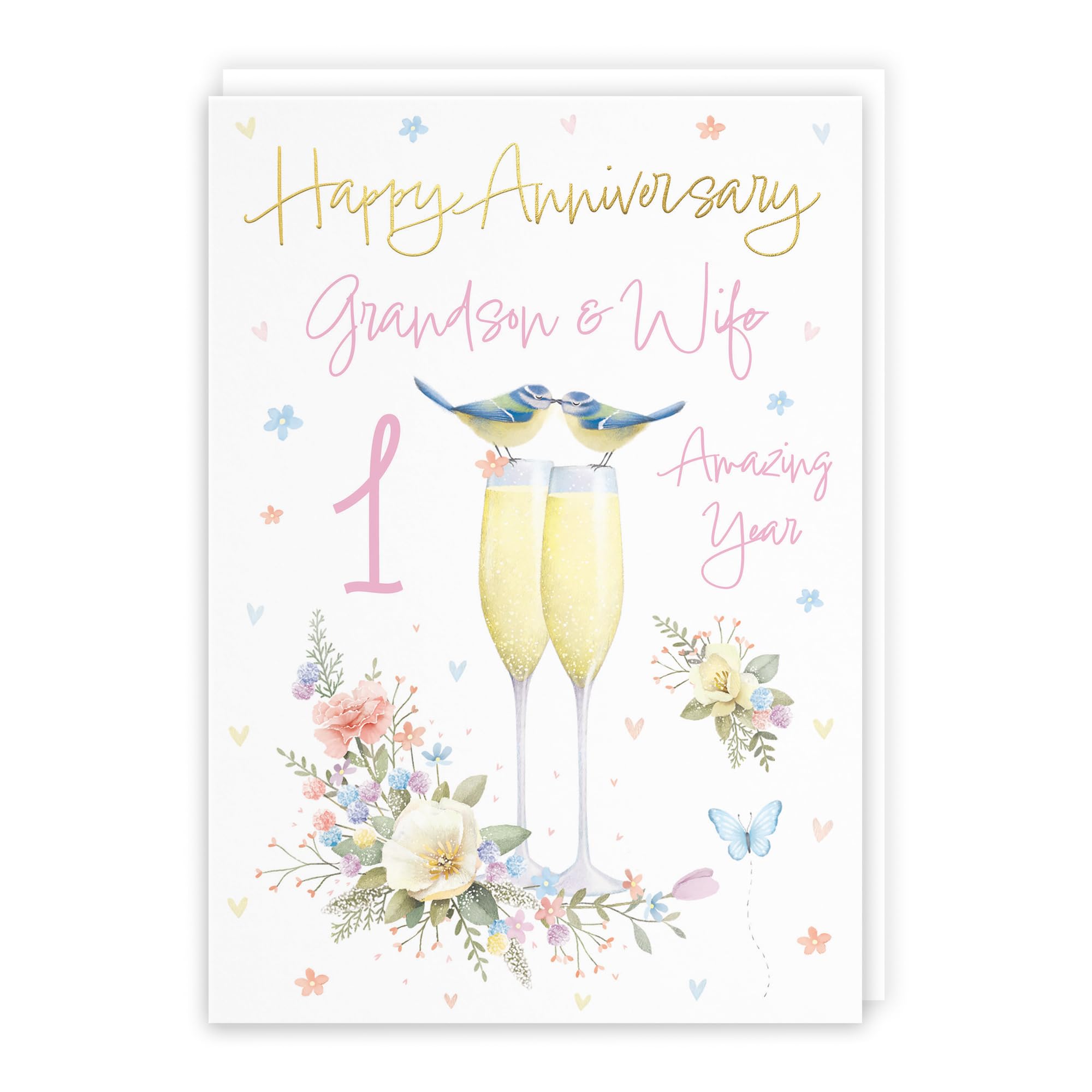 Hunts England - Grandson And Wife 1st Anniversary Card - A5 Size - Champagne Flutes - Gold Foil - 1st Anniversary Card For Grandson And Wife - Milo's Gallery