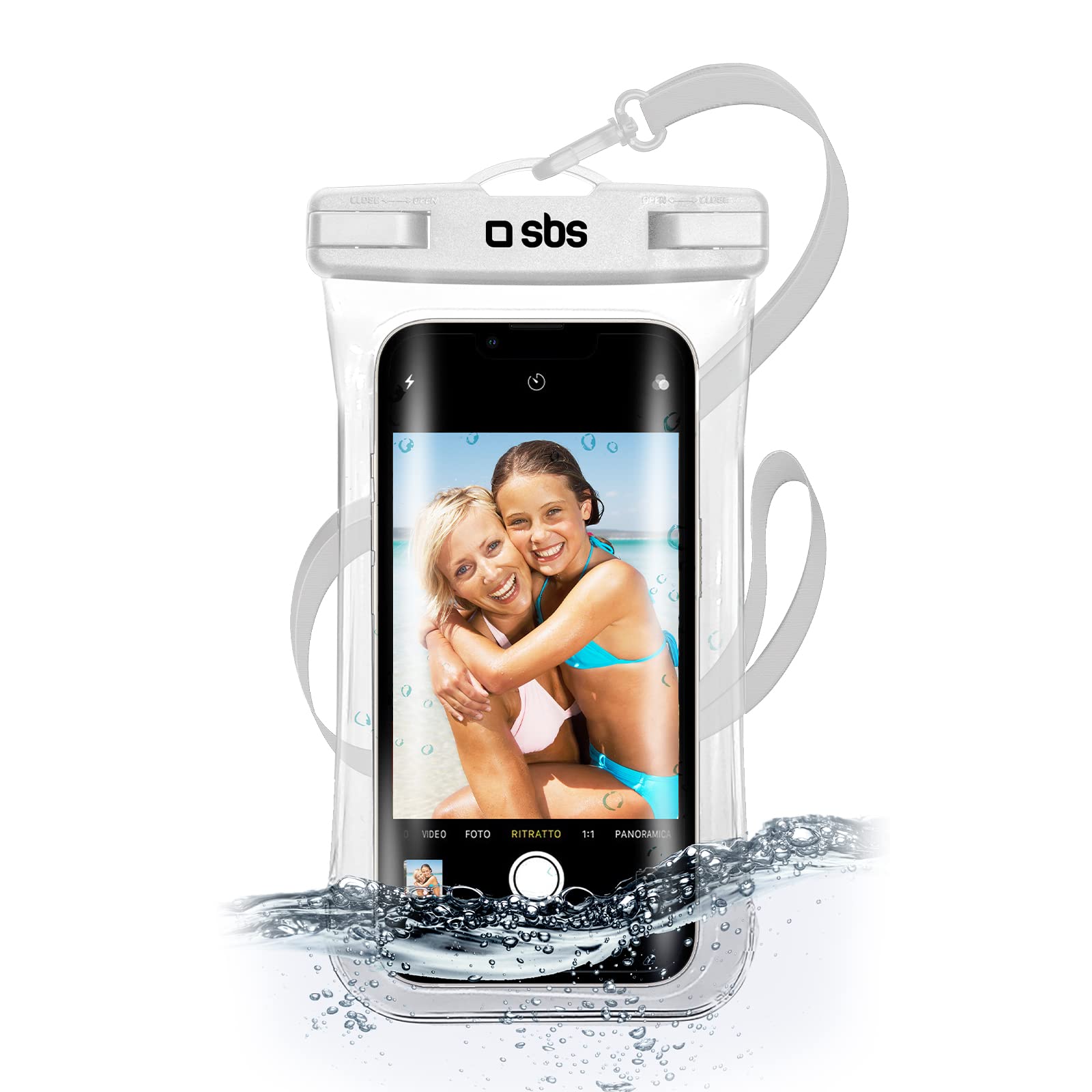 SBS Cover impermeabile IPX8 per cellulari Android e iPhone fino a 6,8" con finestra touch, impugnatura per selfie, laccio da collo, chiusura ermetica water resistant per brevi immesioni, bianca