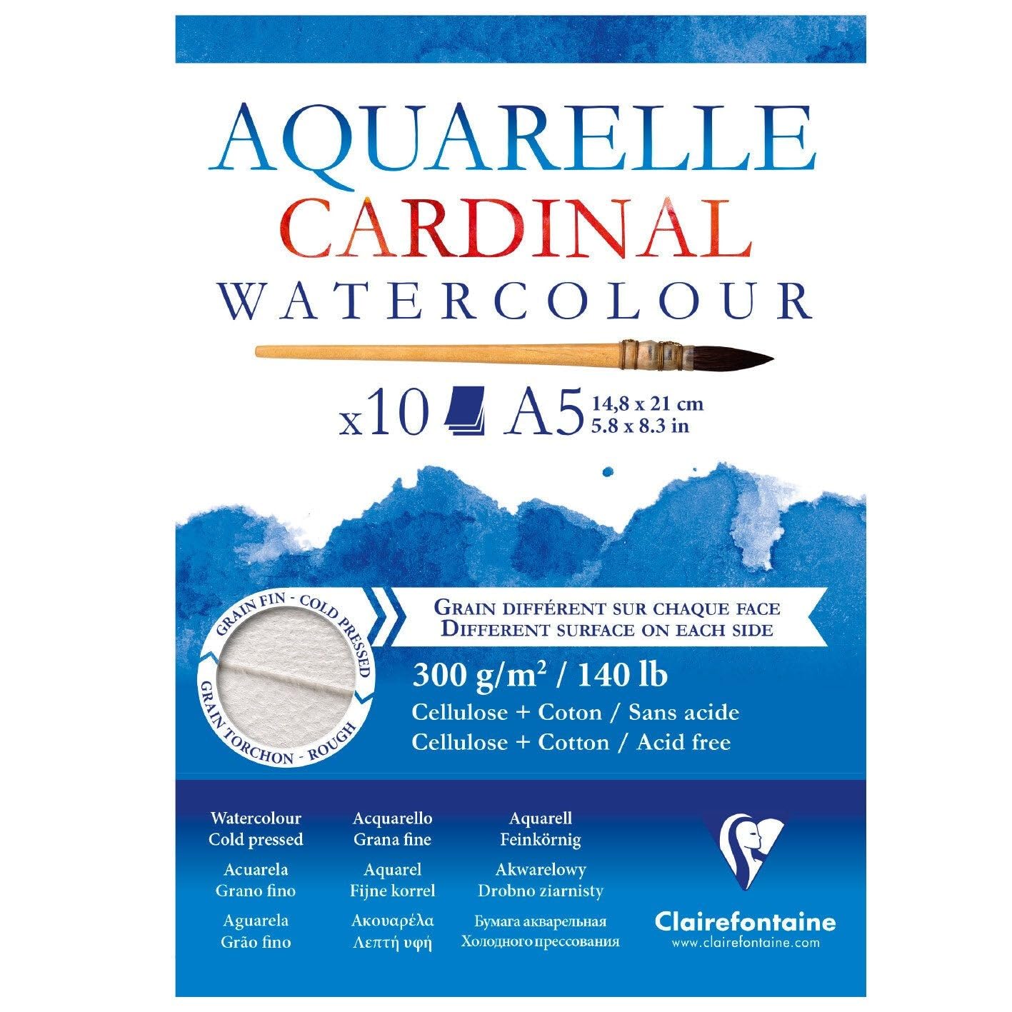 Clairefontaine - Ref 96182C - Cardinal Watercolour Glued Pad (10 Sheets) - A5 (210 x 148mm) Sized, 300gsm Paper, Acid Free, pH Neutral - Suitable for Watercolour