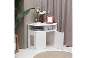 YU YUSING Corner Litter Box Enclosure, Cat Litter Box Furniture Hidden, Cat House for Large Cat, Pet Cabinet Furniture with Double Doors and Open Shelf as TV Stand, Storage Cabinet White