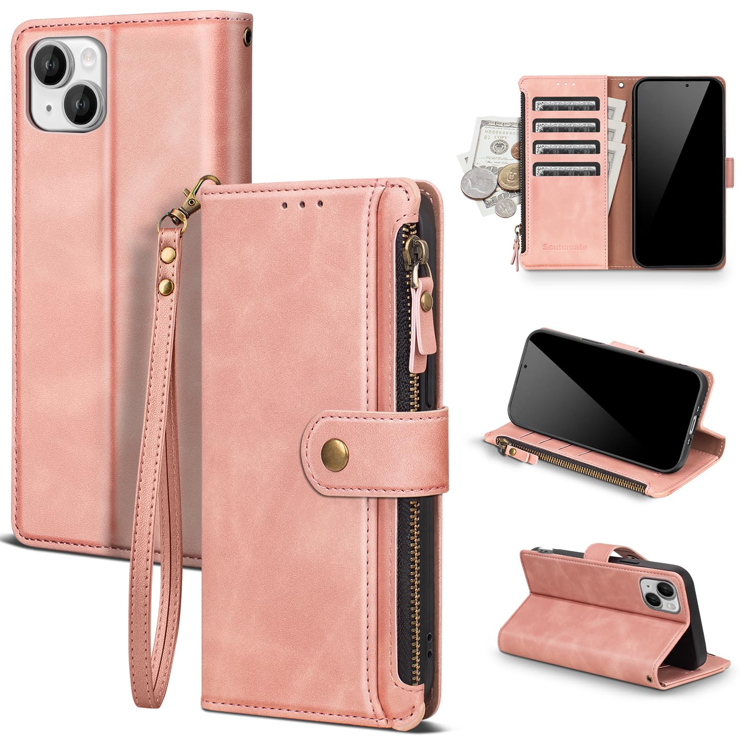 Scutumate Compatible with iPhone 13 Wallet Case with Card Holder RFID Blocking Zipper Poket PU Leather Flip Phone Case with Wrist Strap Credit Card Slots Men Women,for Apple 13 6.1",Pink