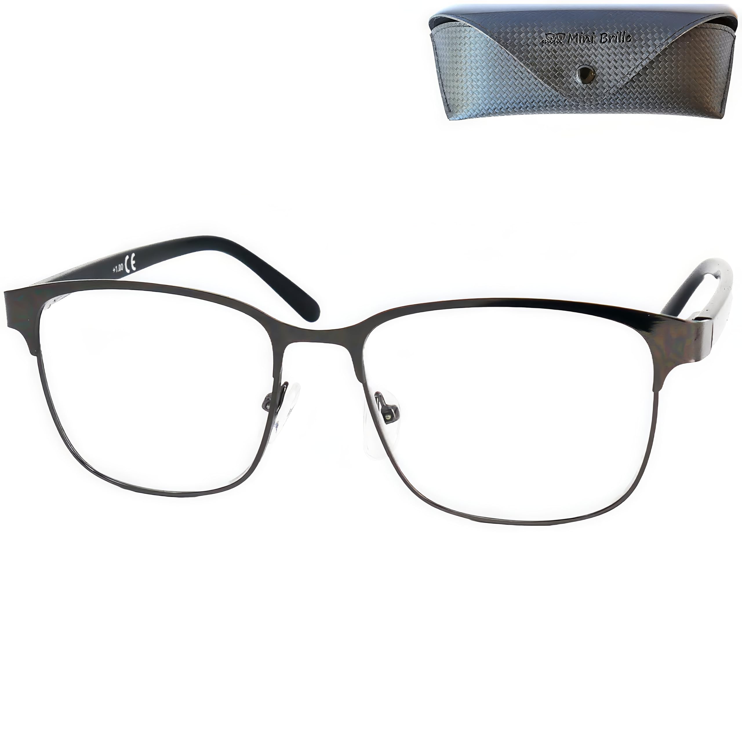 Mini Brille - Vintage Blue Light Blocking Reading Glasses with Large Lenses, Stainless Steel Frame (Graphit) and Plastic Temples, FREE Case, Women and Men Anti Blue Light Filter +1.50 Magnification